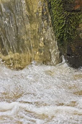 Sprudelndes Wasser und Schaum an einem kleinen Bachwehr; Meissendorfer Teiche, Nds.